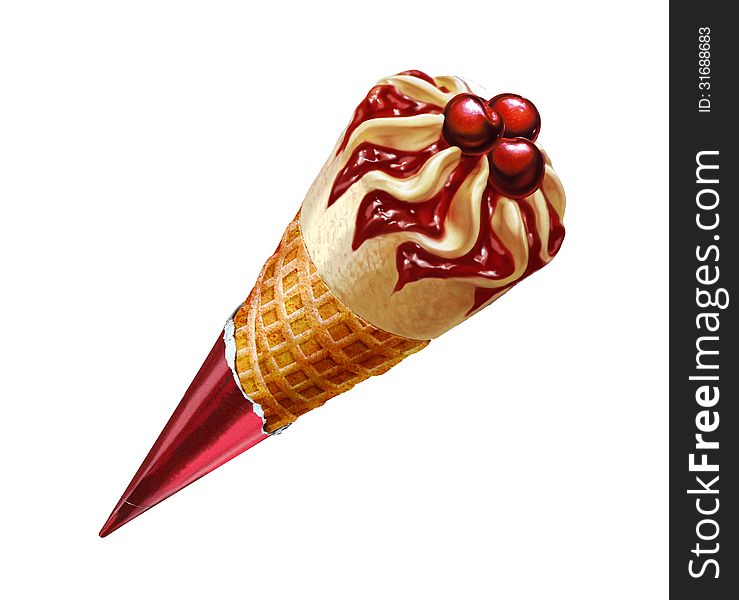 Ice-cream cone with black cherries and vanilla flavors.