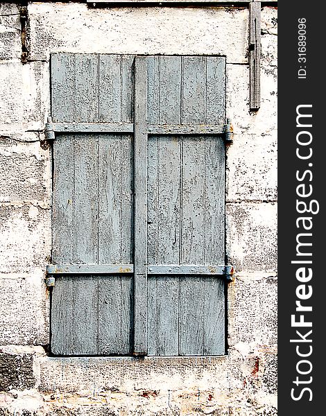 Wooden Shutters, Old Window In Stone Wall