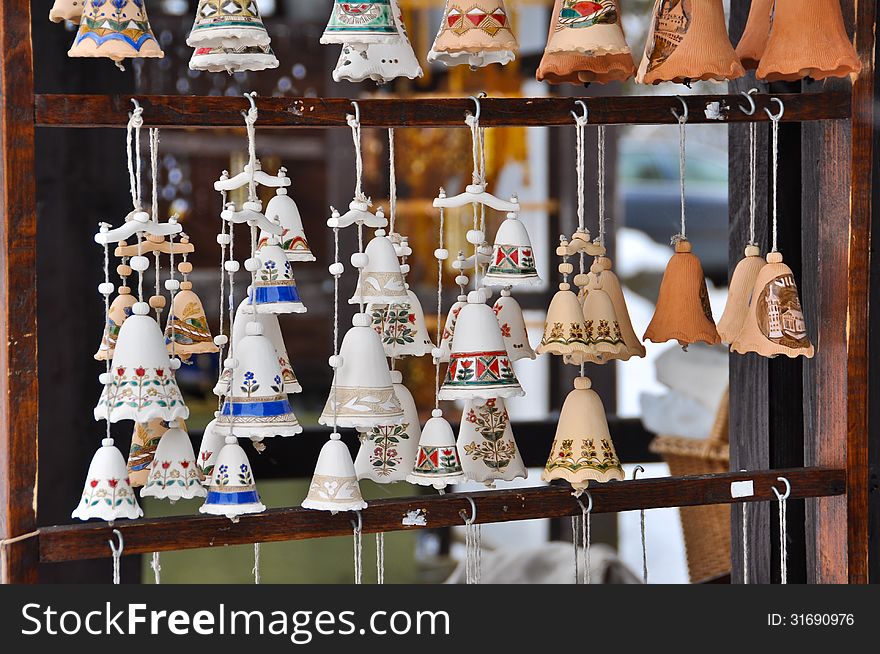 Clay Bells in souvenir shop in Trakai, Lithuania.