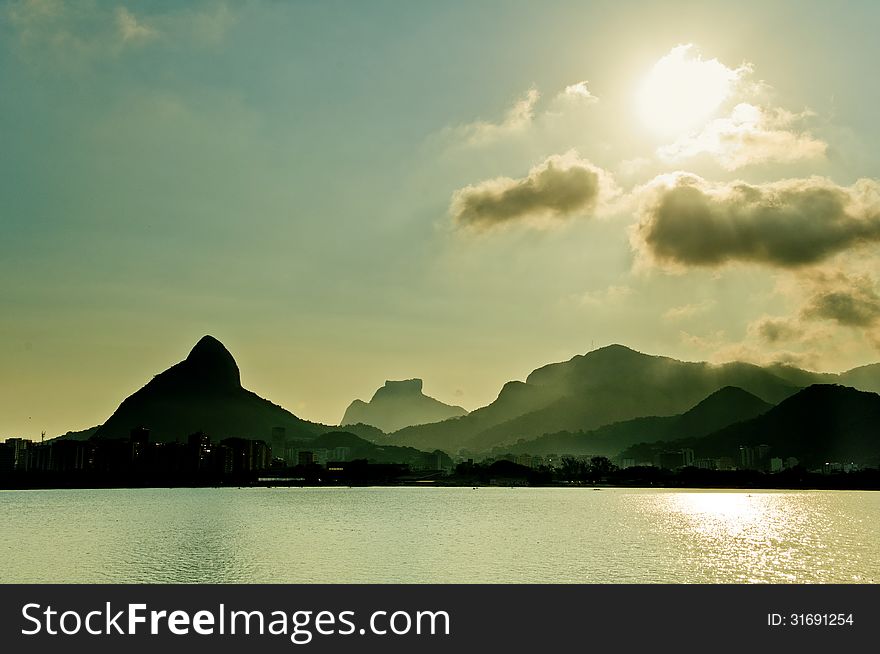 Sun above mountains in Rio de Janeiro,. Sun above mountains in Rio de Janeiro,