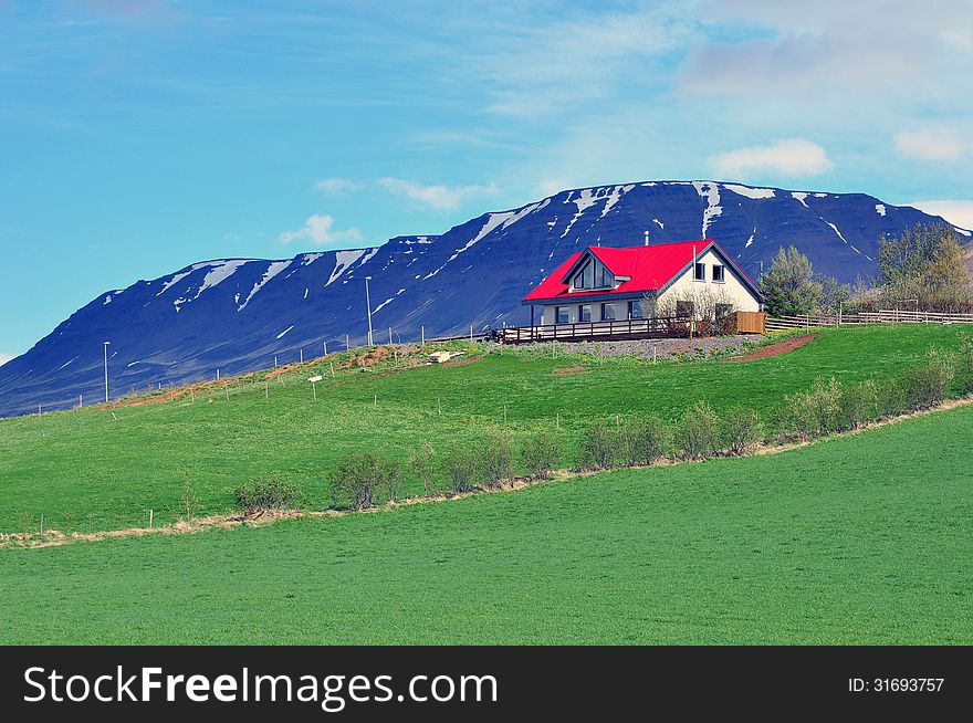 Red white house and mountain in Iceland