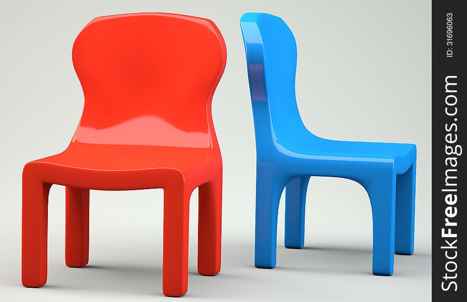 Red and blue cartoon-styled chairs. 3d illustration