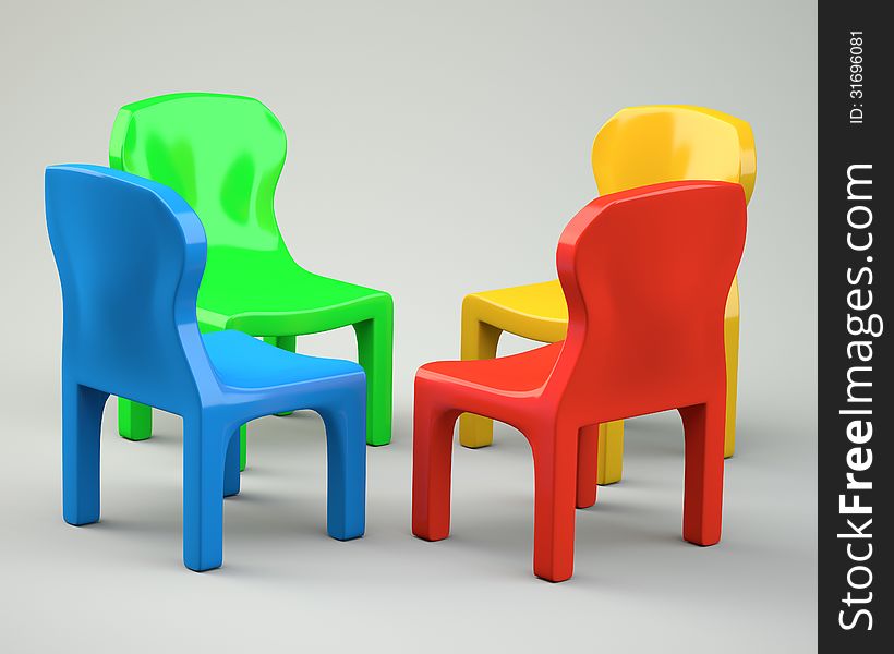 Four colored cartoon-styled chairs. 3d illustration