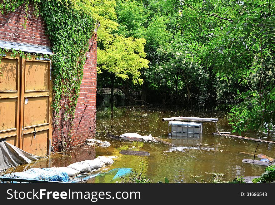 Flooded garden of the flood in Magdeburg