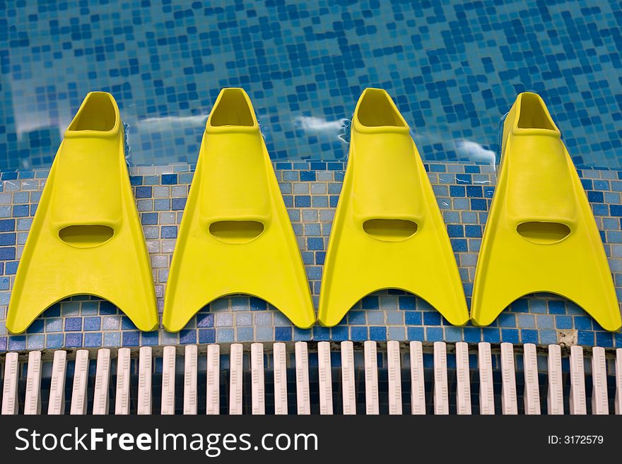 Four yellow flippers expecting swimmers