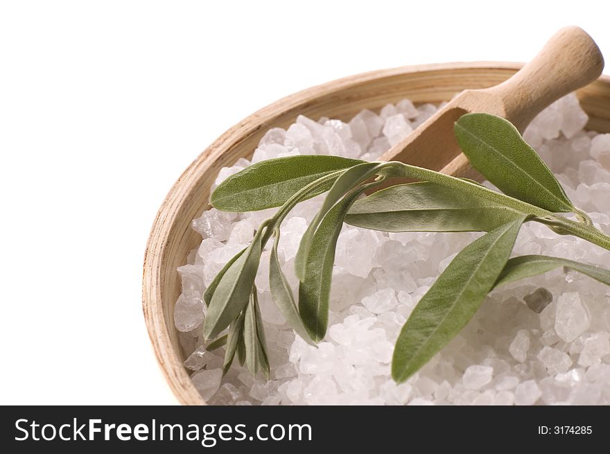 Olive bath items. salt and branch isolated on the white background