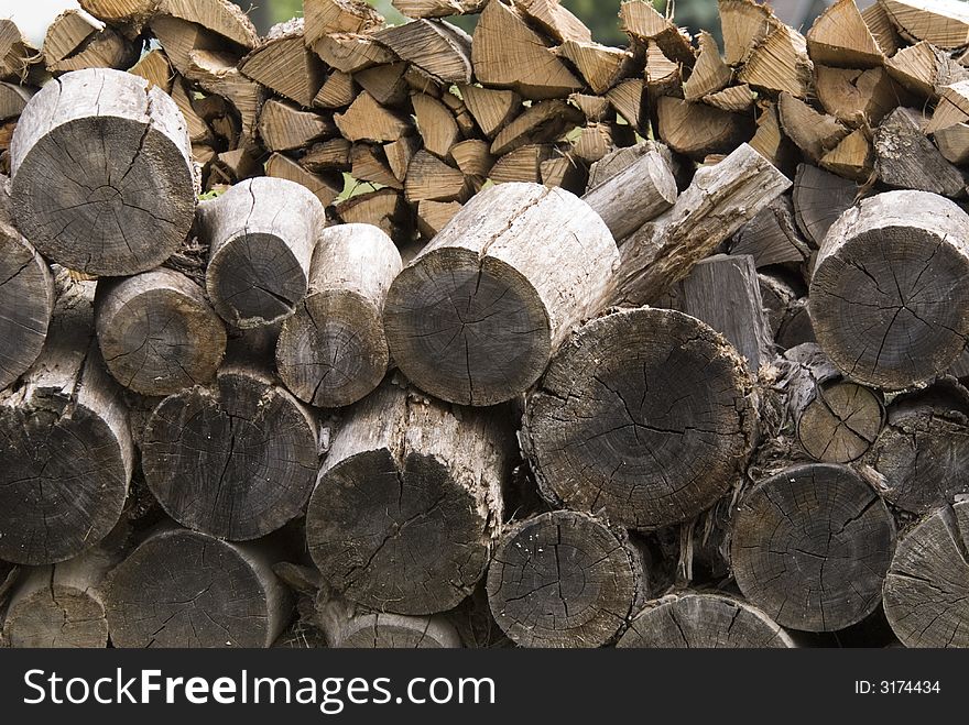 Logs cut and neatly stacked for firewood. Logs cut and neatly stacked for firewood