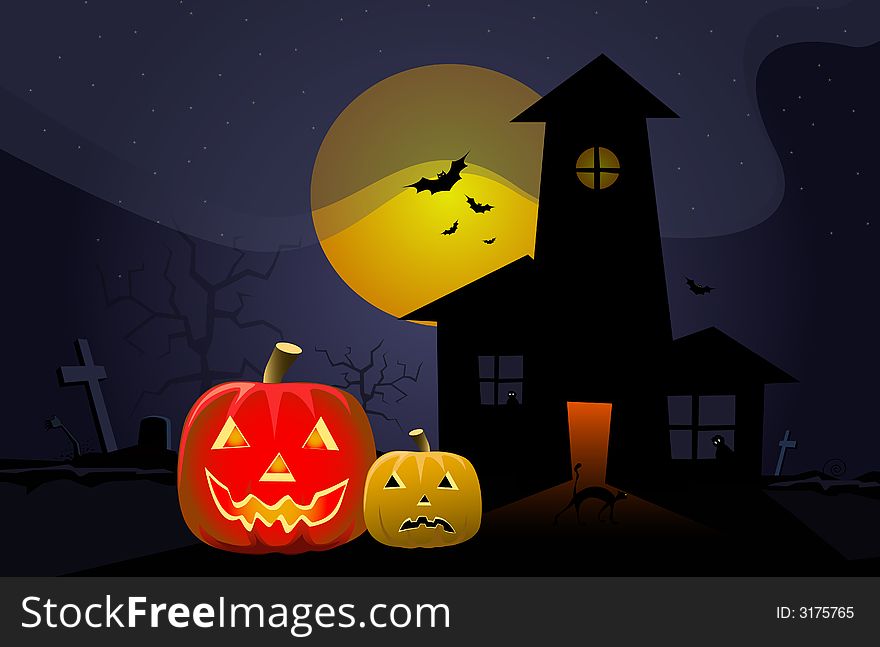 Illustration of Halloween pumpkins at night