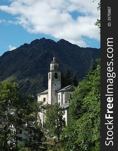 Curch of mountain village, west Alps, Italy.