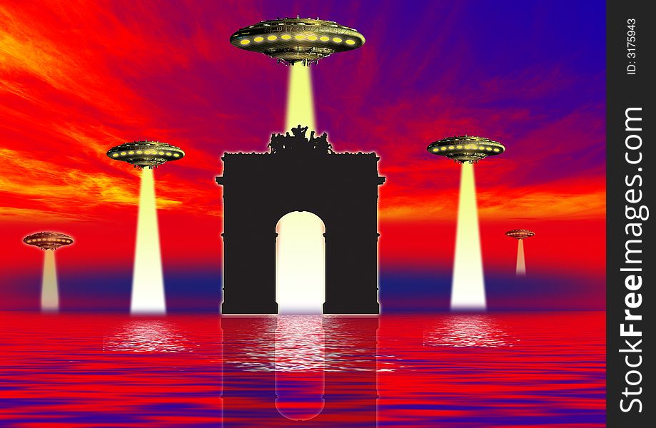 danger Ufo at night over the city landmarks