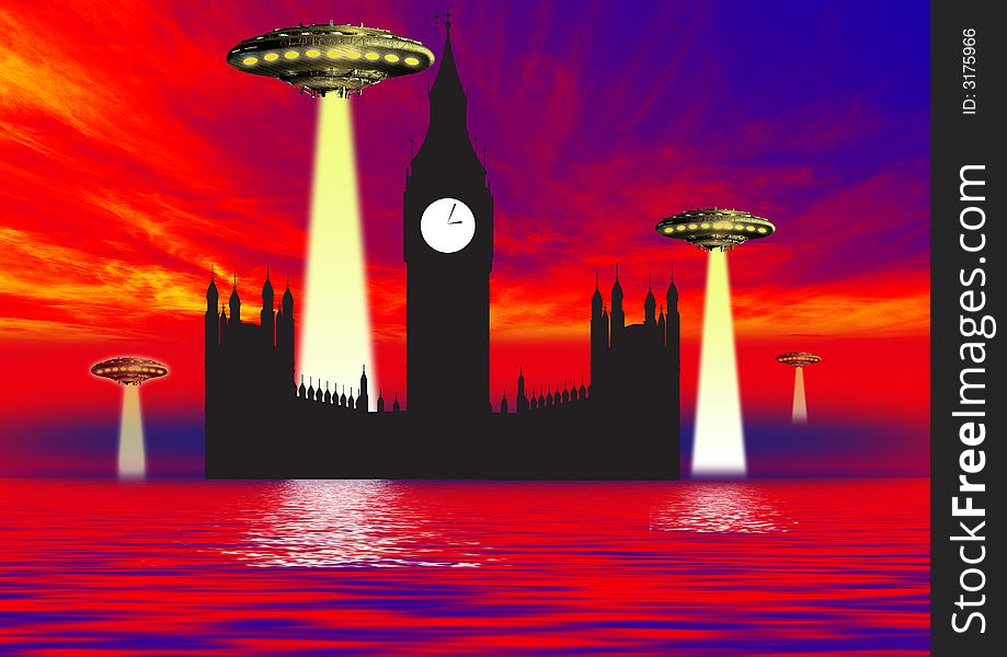 Ufo at night over the city landmarks in water. Ufo at night over the city landmarks in water.