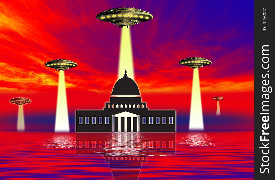 Ufo at night over the city landmarks. Ufo at night over the city landmarks.