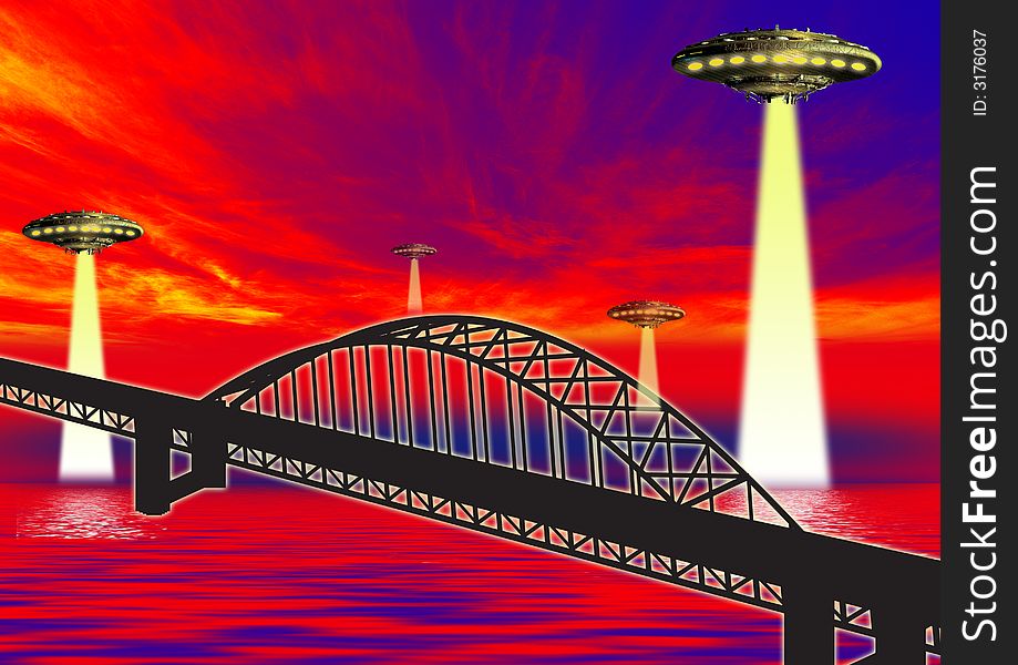 Ufo on bridge at night over the city landmarks