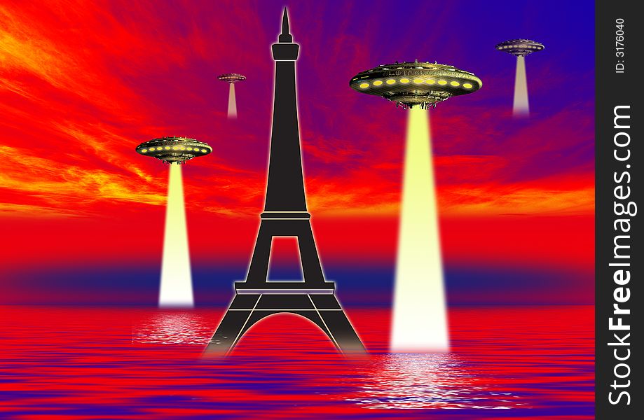 Ufo science at night over the city landmarks.