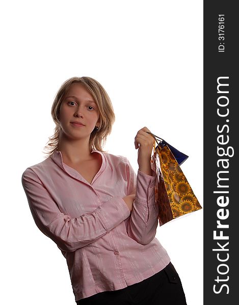 Women with shopping bags on white