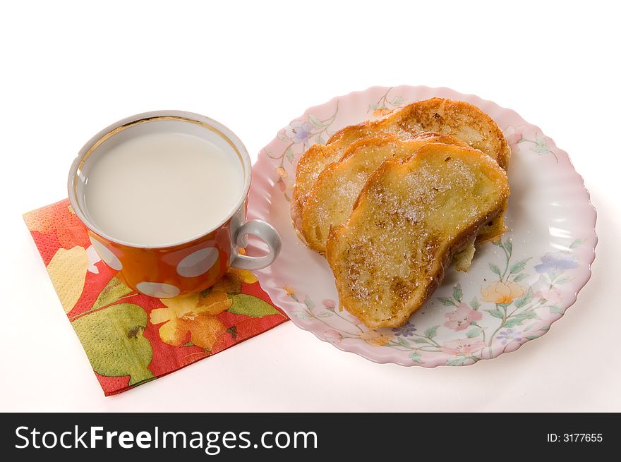 Toast and milk on a china plate