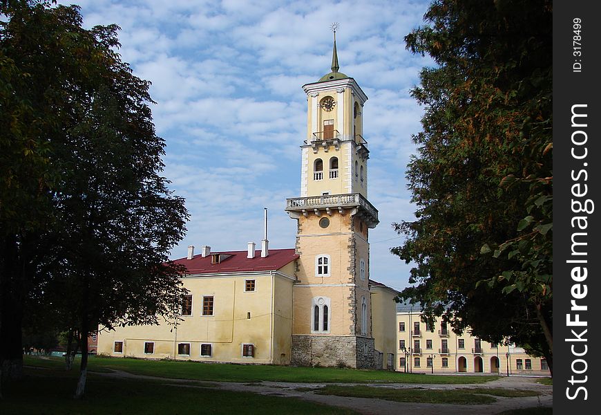 Age-old tall town hall with clock