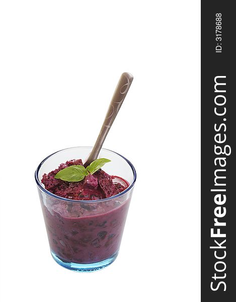 Glass of home made bilberry yogurt with bread crumbs
