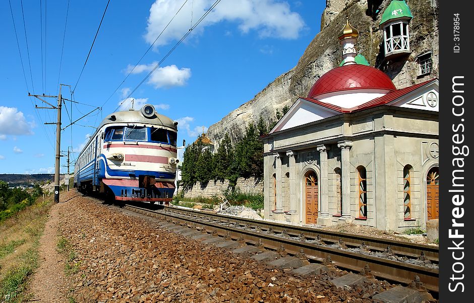 The railway in vicinities of Sevastopol near to a monastery