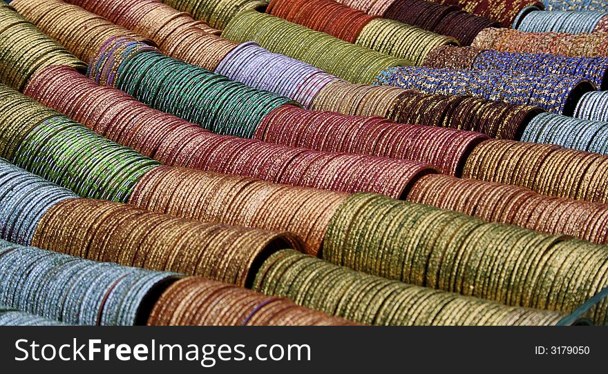 A set of indian colored bracelets in the market of Hyderabad. A set of indian colored bracelets in the market of Hyderabad