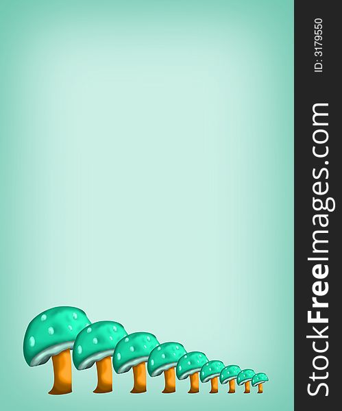 Shaded green background with bright green capped mushrooms in line across the bottom of the page. Shaded green background with bright green capped mushrooms in line across the bottom of the page.