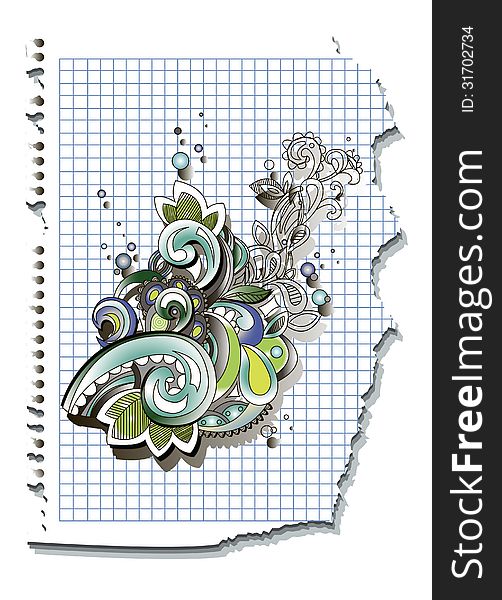 Decoration swirl on checked sheet of paper. Vector