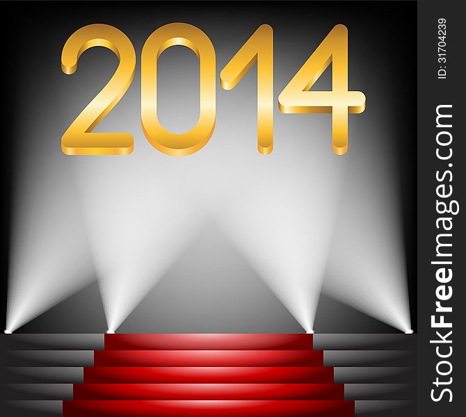 2014 year golden figures on red carpet stairs