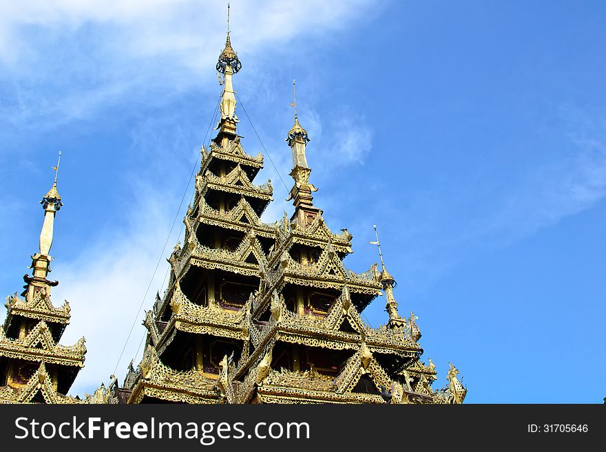 Roof temple and blue sky Myanmar art in Lampang Thailand