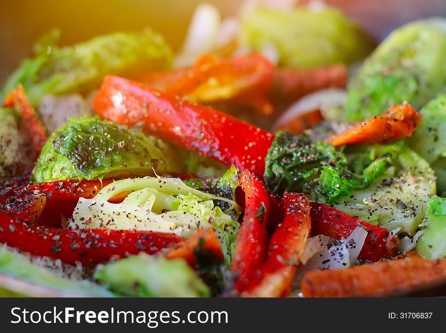Fresh summer vegetables background with cabbage and pepper. Fresh summer vegetables background with cabbage and pepper