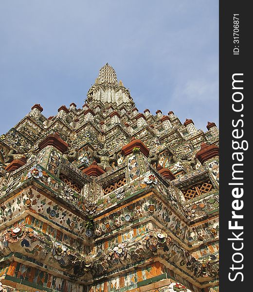 Detail of decoration with color tile on main stupa in Arun temple, bangkok, Thailand