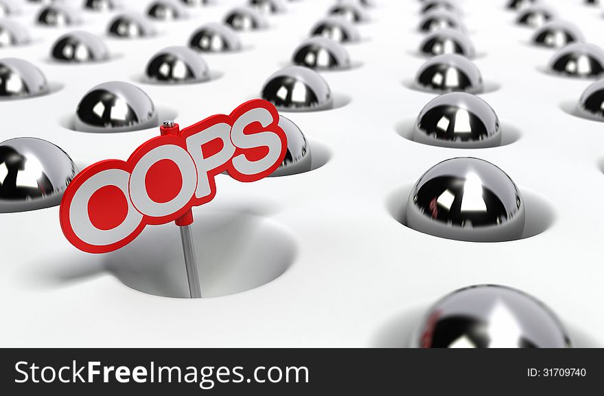 Oops tag inside a hole, lot of metal balls around it, conceptual 3d render for 404 error, page not found. Oops tag inside a hole, lot of metal balls around it, conceptual 3d render for 404 error, page not found.