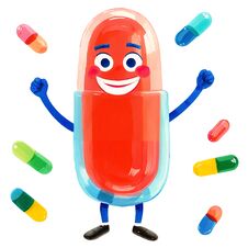 Watercolor Illustration Of A Happy Cartoon Pill Character With Many Colorful Pills Falling Around. Isolated On A White Background Royalty Free Stock Photos