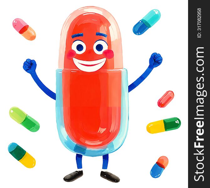 Watercolor Illustration of a happy cartoon pill character with many colorful pills falling around. Isolated on a white background
