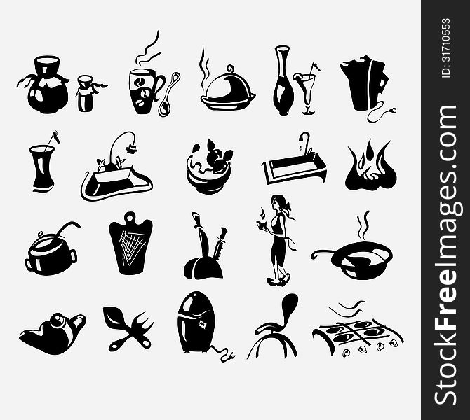 Set of kitchen utensils in icons. Set of kitchen utensils in icons