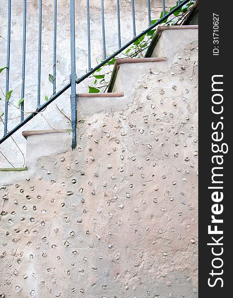 Staircase with primitive mosaic design, Arabic baths Palma de Mallorca. Majorca, Balearic islands, Spain.