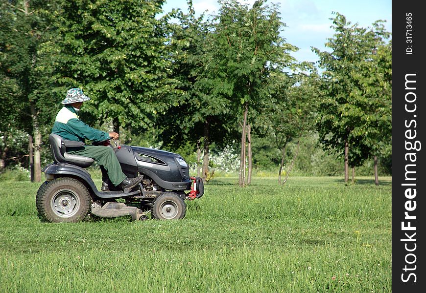 The worker-lawn-mower mows a grass on a lawn