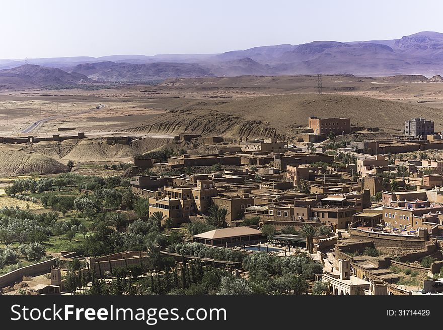 View from the top of the Kasbah ait ben haddou in the direction of village . Morocco