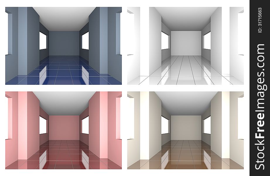 Set of Color Of Room Empty Room Brown Tile Floor With Windows. Set of Color Of Room Empty Room Brown Tile Floor With Windows