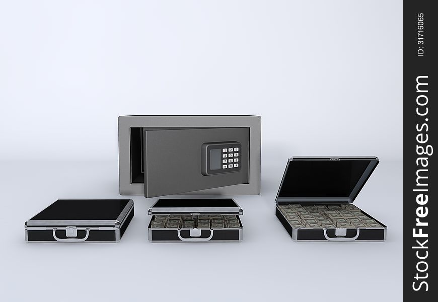 3D illustration rendering of Money Briefcase and Small Vault