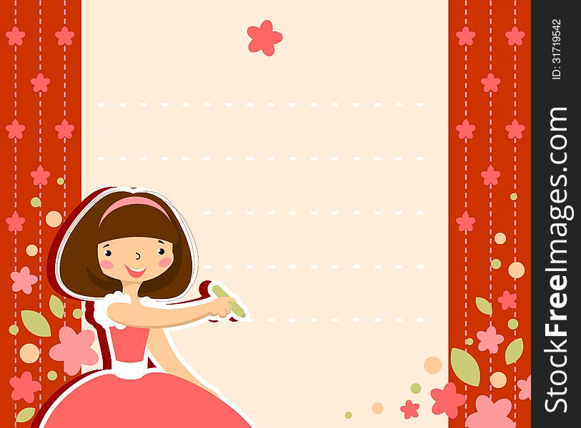 Vector Frame - Flower background and a little girl wrote a letter. Vector Frame - Flower background and a little girl wrote a letter