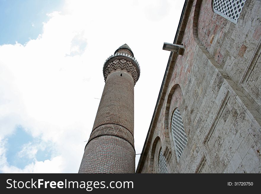 Historical Bursa Ulu (Grand) Mosque and original minaret. Historical Bursa Ulu (Grand) Mosque and original minaret