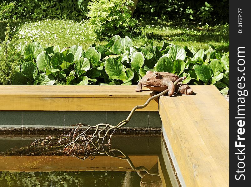 Private pond with sculpture of frog. Private pond with sculpture of frog.