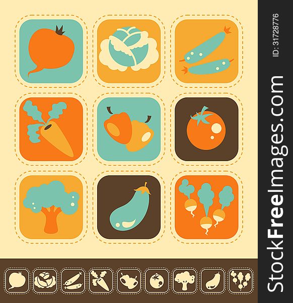 Set of vegetable icons, color and monochrome version. Set of vegetable icons, color and monochrome version