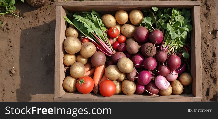 Fresh vegetables, potato, radish, tomato, carrot, beetroot in wooden ground on farm at sunset. Freshly bunch harvest. Healthy organic food, agriculture, top view 8k photography. Fresh vegetables, potato, radish, tomato, carrot, beetroot in wooden ground on farm at sunset. Freshly bunch harvest. Healthy organic food, agriculture, top view 8k photography