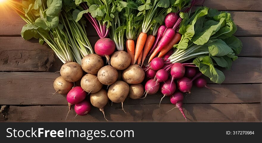 Fresh vegetables, potato, radish, tomato, carrot, beetroot in wooden ground on farm at sunset. Freshly bunch harvest. Healthy organic food, agriculture, top view 8k photography. Fresh vegetables, potato, radish, tomato, carrot, beetroot in wooden ground on farm at sunset. Freshly bunch harvest. Healthy organic food, agriculture, top view 8k photography