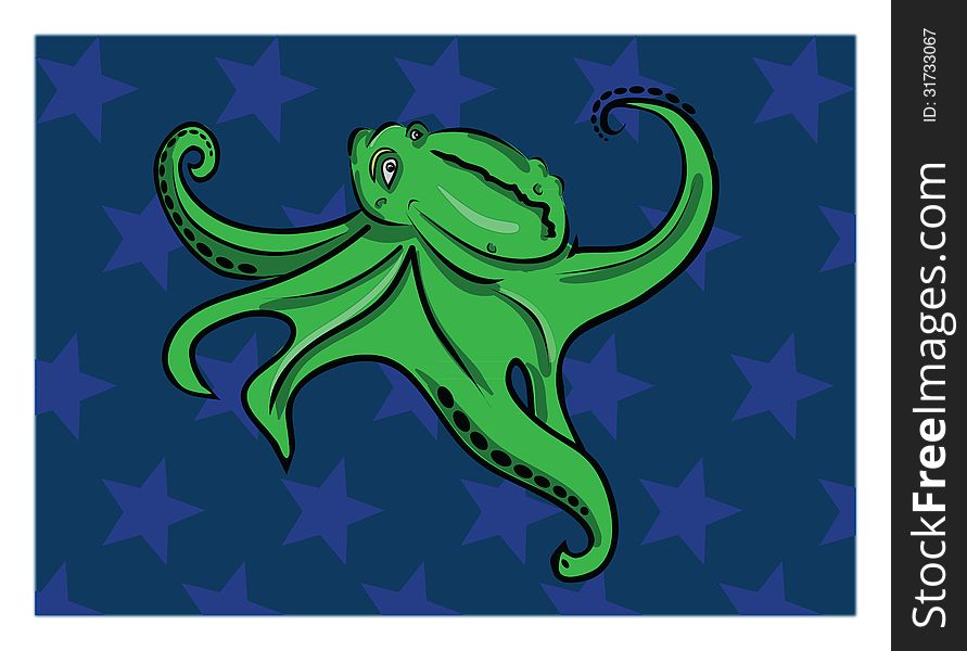 Painted octopus on blue background with stars