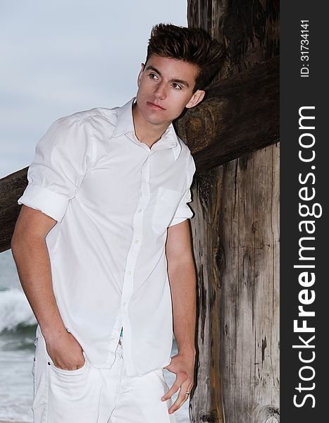 Good looking young man at the beach under the pier. Good looking young man at the beach under the pier.