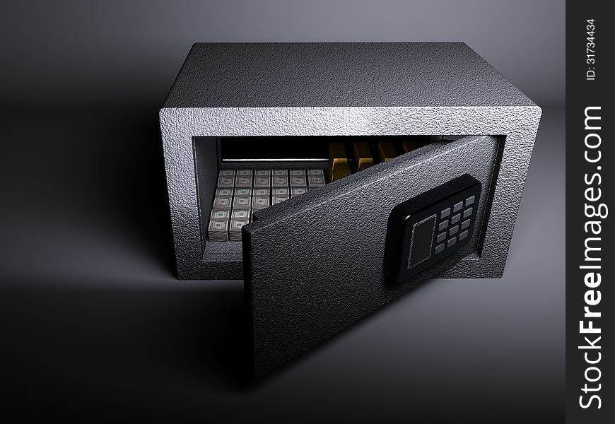 3D illustration rendering of Small Vault Gold and US Dollar