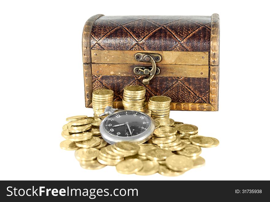 A chest full of gold coins round-the-clock cover is open next to the box of money. A chest full of gold coins round-the-clock cover is open next to the box of money