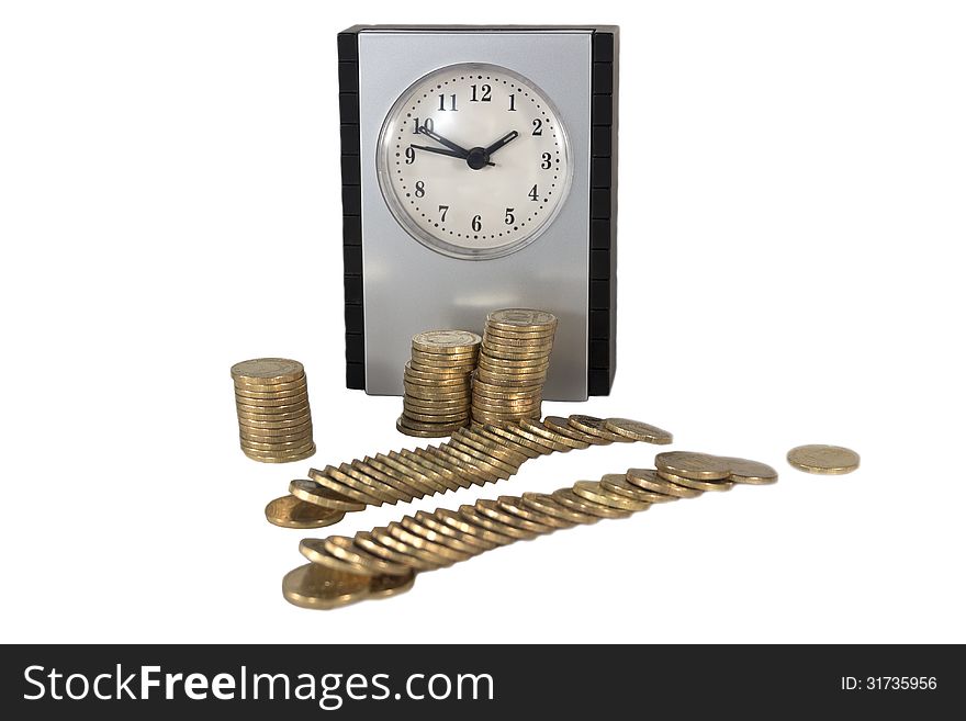Gold coins on the background of silver watches. Gold coins on the background of silver watches